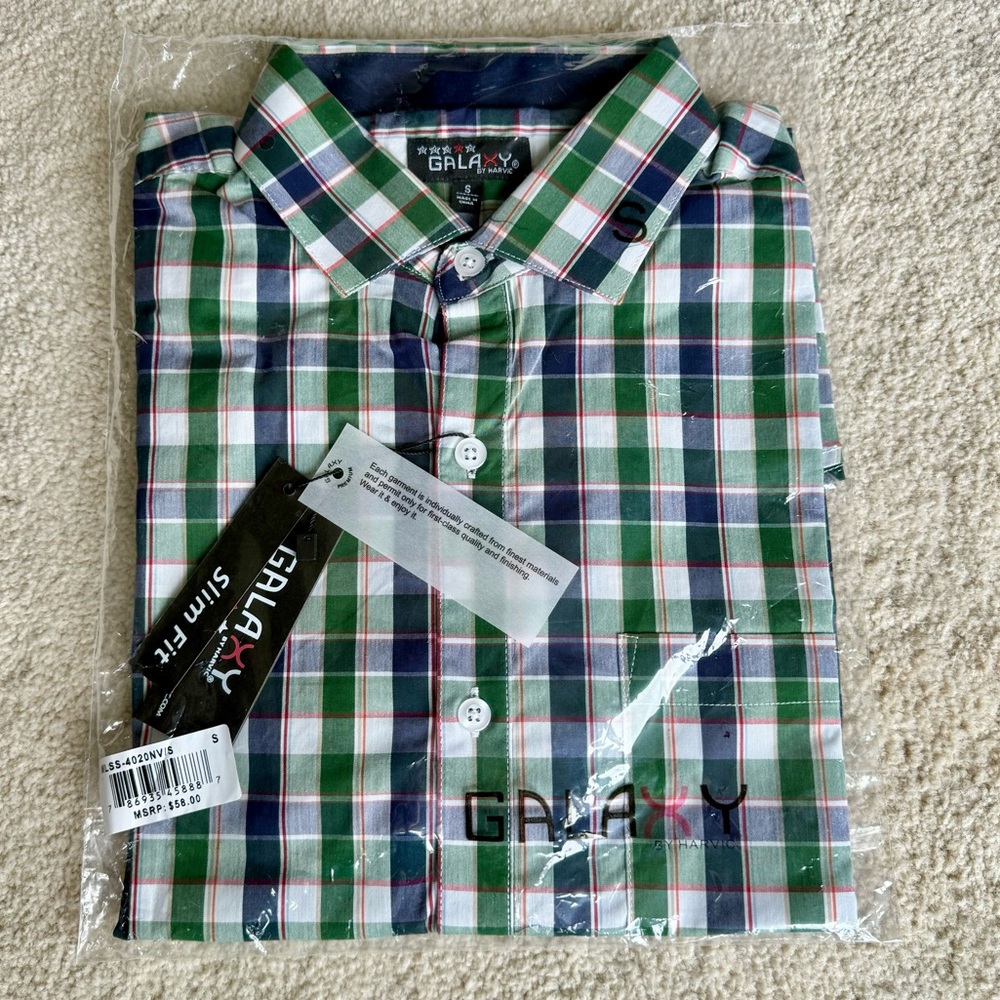 Galaxy by Harvic Slim Fit Plaid Cotton Casual Long Sleeved Button Down Shirt Sml